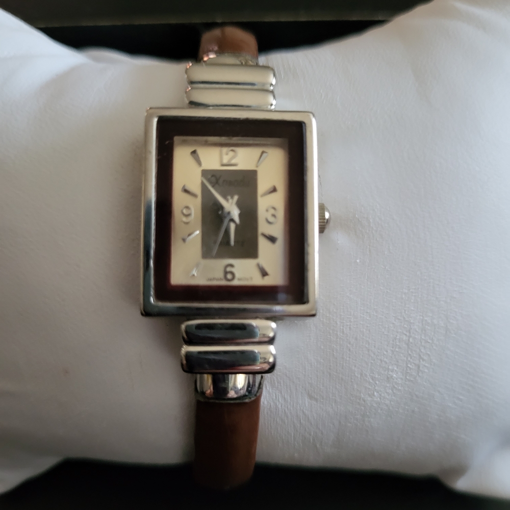 Rectangular Silver-Tone Watch with Brown Leather … - image 1